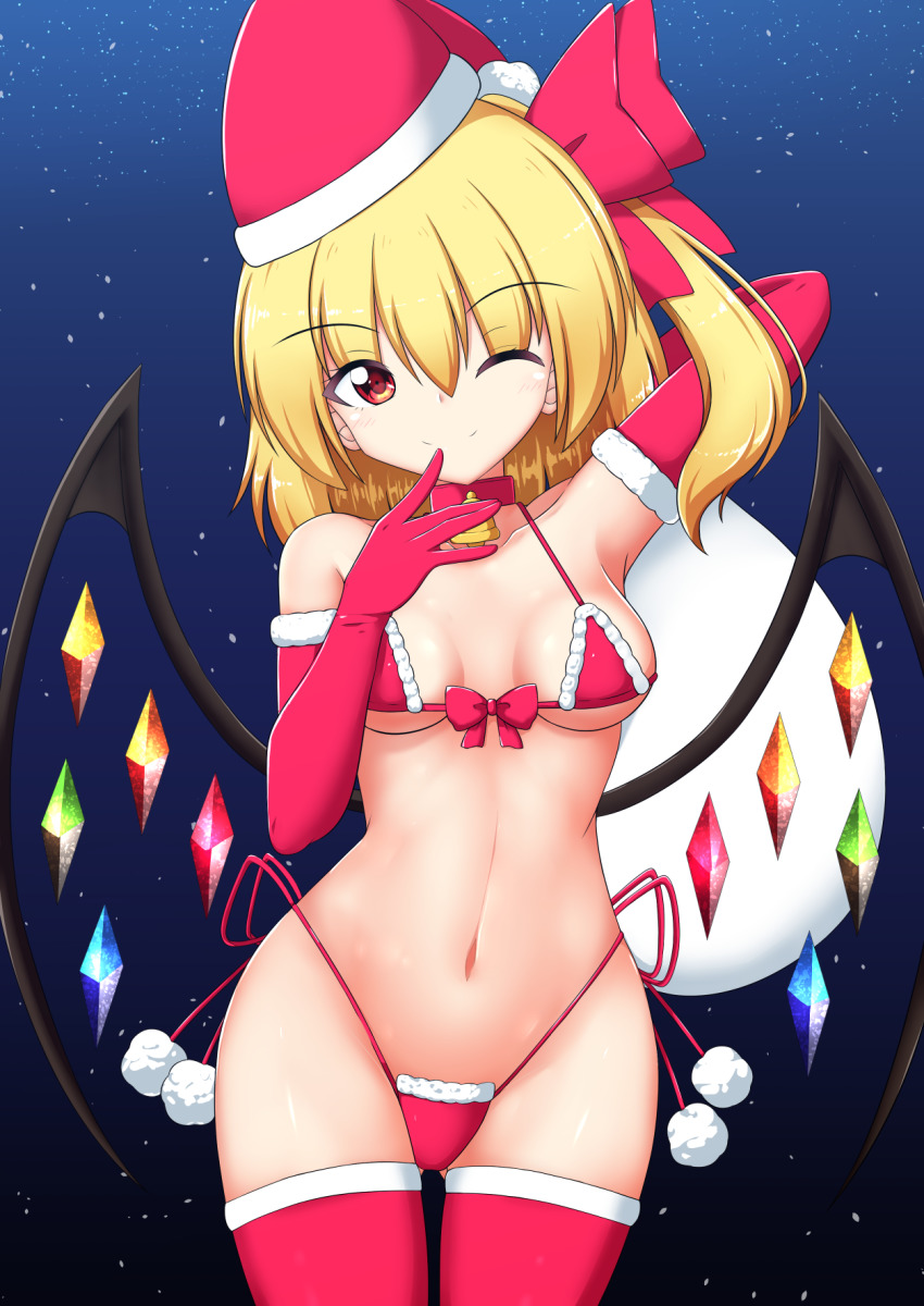 1girl, blonde_hair, blush, bra, breasts, christmas, closed_mouth, flandre_scarlet