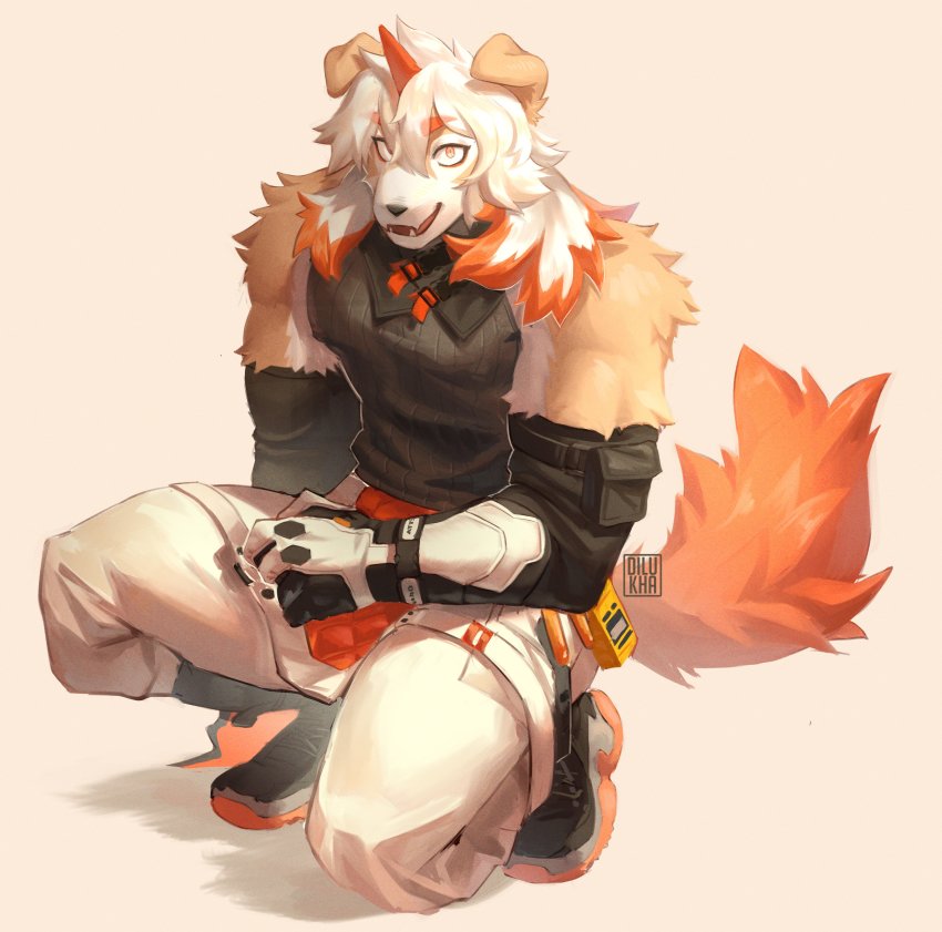 1boy, absurdres, animal_ears, arknights, bara, bare_shoulders, beige_pants, black_shirt