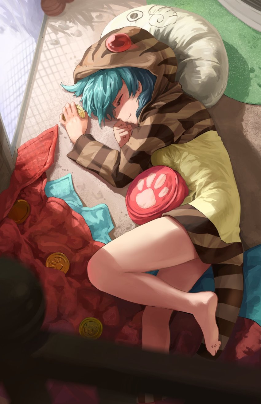 1girl, bare_legs, barefoot, blue_hair, closed_eyes, commentary_request, artistic_error, from_above