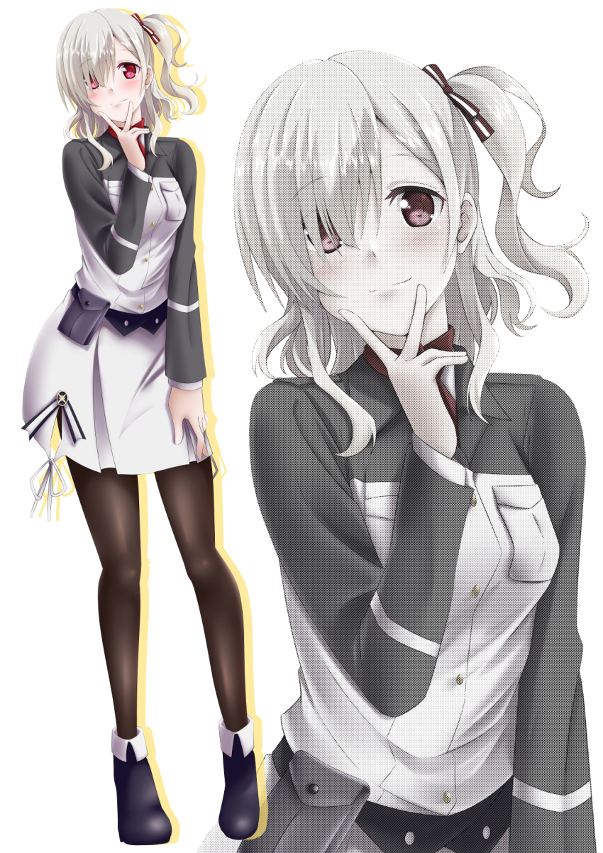 1girl, black_pantyhose, black_sleeves, blue_footwear, blush, chooper, closed_mouth, full_body