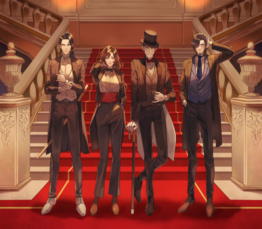 1girl, 3boys, arsene_lupin_iii, beard, black_hair, black_headwear, black_jacket, black_neckwear, black_pants, blue_neckwear, blue_vest, bow, bowtie, brown_eyes, brown_footwear, brown_hair, closed_mouth, dress_shirt, facial_hair, formal_clothes, frown, full_body, glasses, grin, hair_over_one_eye, halorane, hand_in_own_hair, hand_in_pocket, hand_on_hilt, highres, indoors, ishikawa_goemon_xiii, jacket, jigen_daisuke, long_hair, long_sleeves, looking_at_viewer, lupin_iii, mine_fujiko, multiple_boys, necktie, open_clothes, open_jacket, pants, red_bow, red_neckwear, shirt, short_hair, smile, stairs, traditional_bowtie, vest, white_footwear, white_shirt