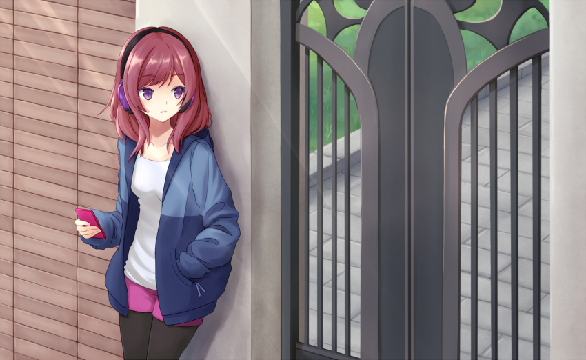 1girl, against_wall, black_hairband, black_pantyhose, blue_jacket, breasts, cell_(diox), cellphone