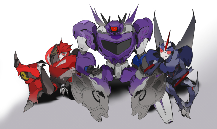3boys, airplane_wing, chibi, crossed_legs, dalgu, decepticon, gradient_background, horns, knockout_(transformers), leaning_to_the_side, looking_at_viewer, mecha, multiple_boys, no_humans, one-eyed, open_hand, open_mouth, red_eyes, robot, science_fiction, shockwave_(transformers), single_horn, sitting, starscream, transformers, transformers:_prime