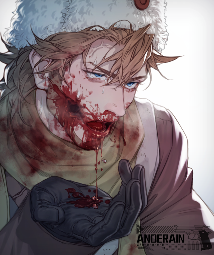 1boy, anderain, beard, black_gloves, blood, blood_from_mouth, blood_on_clothes, blood_on_face