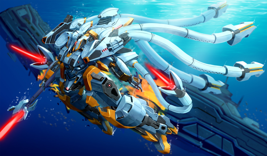 destroyed, energy_lance, extra_eyes, fire, from_above, glowing, glowing_eyes, holding