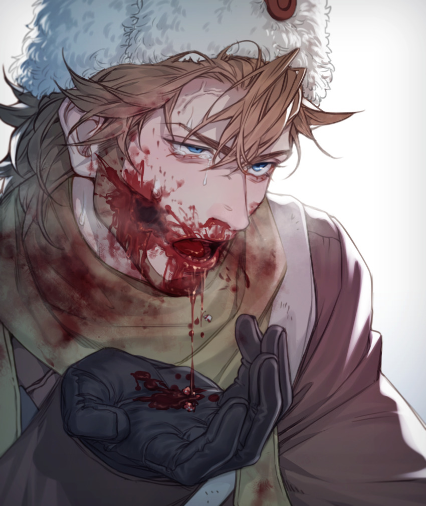 1boy, anderain, beard, black_gloves, blood, blood_from_mouth, blood_on_clothes, blood_on_face, blood_on_hands, blood_splatter, blue_eyes, brown_coat, brown_hair, coat, commentary_request, facial_hair, gloves, golden_kamuy, gunshot_wound, guro, hair_between_eyes, hat, highres, holding, injury, long_sleeves, looking_away, male_focus, mouth_hold, nosebleed, open_mouth, russian_clothes, scarf, short_hair, simple_background, solo, sweatdrop, tears, teeth, teeth_hold, translation_request, upper_body, vasily_(golden_kamuy), veins, white_background, white_hat, yellow_scarf