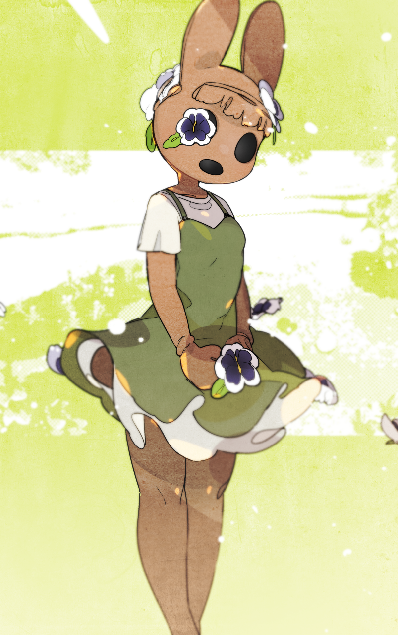 1girl, animal_crossing, animal_ears, black_eyes, breasts, brown_hair, coco_(animal_crossing), collarbone, dress, flower, furry, furry_female, green_background, green_dress, hair_flower, hair_ornament, highres, holding, holding_flower, hollow_eyes, idkuroi, legs_together, nintendo, open_mouth, own_hands_together, pinafore_dress, purple_flower, rabbit_ears, rabbit_girl, shirt, short_hair, short_sleeves, sleeveless, sleeveless_dress, small_breasts, solo, standing, white_shirt