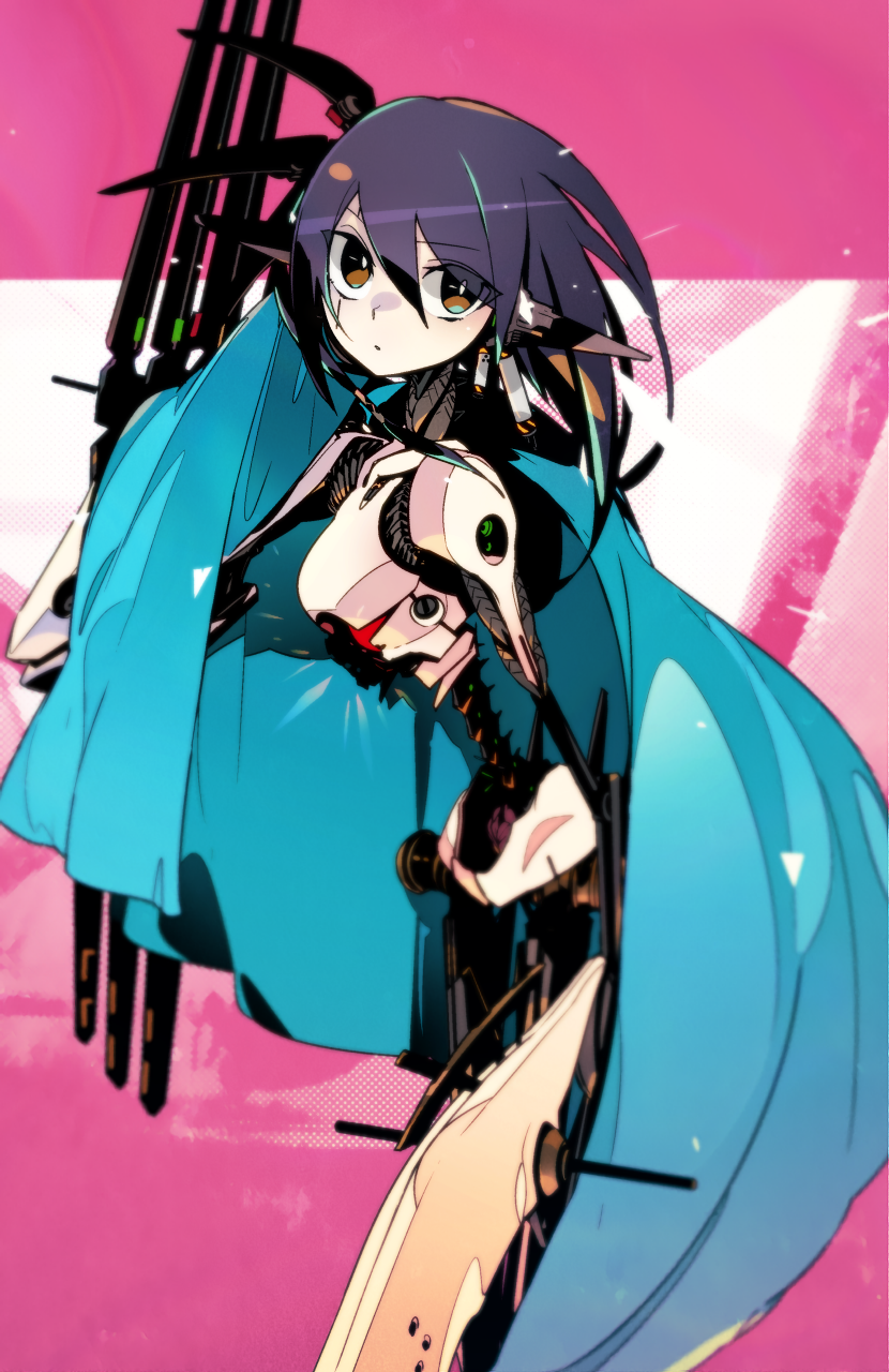 1girl, android, bare_shoulders, black_hair, brown_eyes, cape, etrian_odyssey, from_side