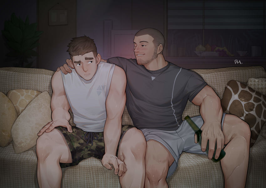 2boys, abs, absurdres, bara, bare_arms, bare_shoulders, beard, body_hair, bottle, brown_hair, bulge, buzz_cut, camouflage, camouflage_shorts, couple, dark, facial_hair, grey_shirt, grey_shorts, hand_on_another's_shoulder, highres, holding, holding_bottle, large_pectorals, leg_hair, light_brown_hair, male_focus, multiple_boys, muscular, muscular_male, navel, nipples, original, pectorals, peterhl, seductive_smile, shirt, short_hair, shorts, sleeveless, sleeveless_shirt, smile, spread_legs, stubble, thick_eyebrows, thick_thighs, thighs, very_short_hair, white_shirt, yaoi