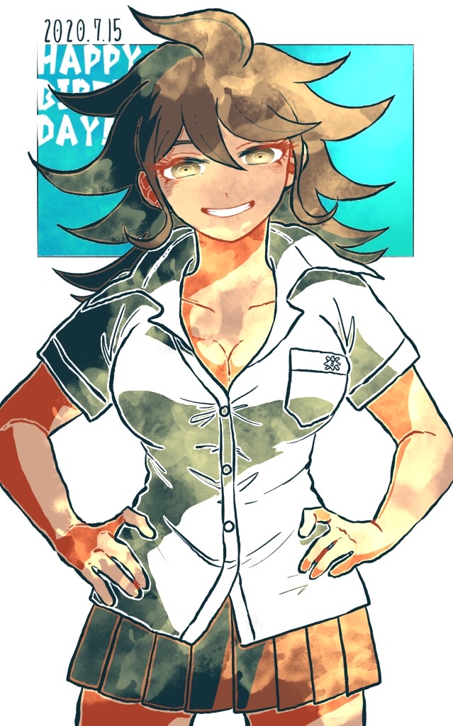 1girl, blush, breast_pocket, breasts, brown_eyes, brown_hair, brown_skirt, cleavage