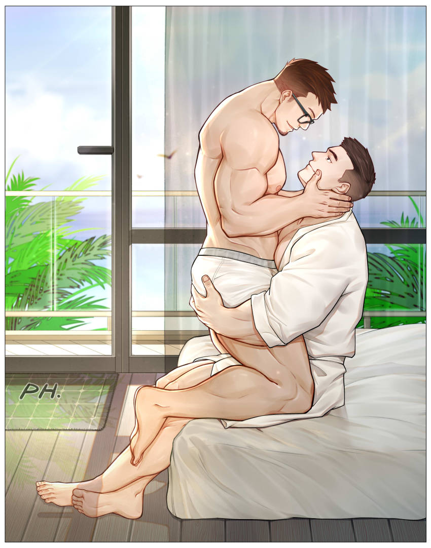 2boys, absurdres, ass_grab, balcony, bara, bare_pectorals, black_hair, blue-framed_eyewear