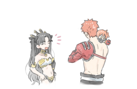 1boy, 2girls, :d, ahoge, back, carrying, cczyjs, chibi, closed_eyes, emiya_shirou, fate/grand_order, fate_(series), fatherly, fujimaru_ritsuka_(female), hands_on_own_hips, holding, igote, ishtar_(fate), limited/zero_over, lowres, multiple_girls, open_mouth, orange_hair, rectangular_mouth, senji_muramasa_(fate), simple_background, smile, sweatdrop, upper_body, white_background