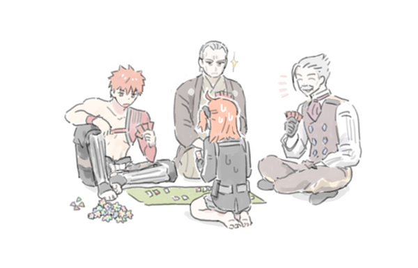 1girl, 3boys, ahoge, arm_on_knee, barefoot, card, cczyjs, emiya_shirou