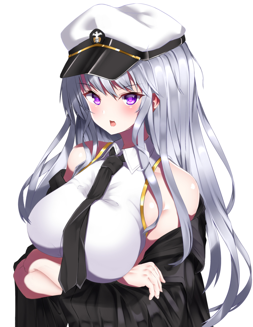 1girl, azur_lane, belt, black_belt, black_coat, black_necktie, breasts, coat, collared_shirt, crossed_arms, enterprise_(azur_lane), gold_trim, hat, highres, large_breasts, long_hair, m->g, military_hat, necktie, open_clothes, open_coat, peaked_cap, purple_eyes, shirt, silver_hair, sleeveless, sleeveless_shirt, solo, underbust, upper_body, very_long_hair, white_shirt