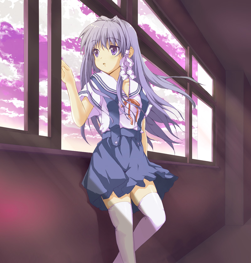 00s, clannad, fujibayashi_kyou, long_hair, purple_eyes, purple_hair, satou_takeshi, school_uniform, solo, thighhighs, window