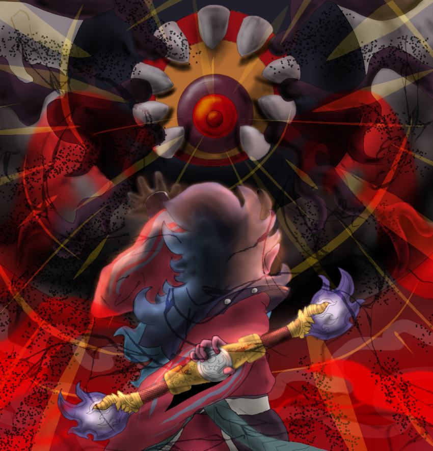 1boy, blue_hair, double_edge_sword, eye_in_mouth, fire, hinanon125, japanese_clothes, kimono