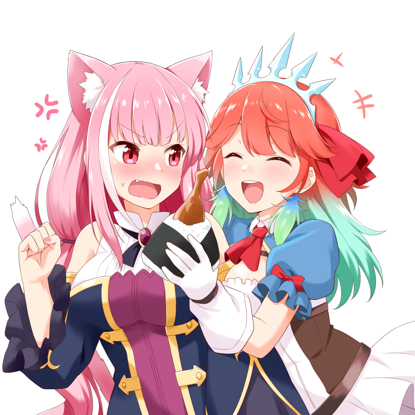 2girls, :d, ^_^, absurdres, anger_vein, animal_ear_fluff, animal_ears, ascot