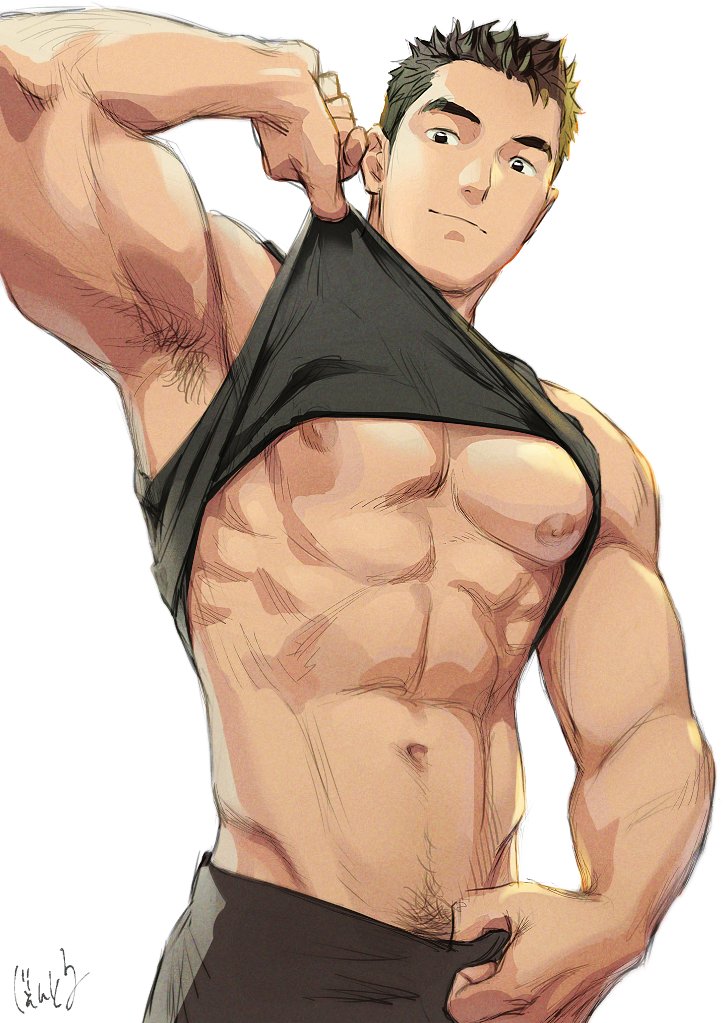 1boy, abs, armpit_hair, armpits, bara, bare_pectorals, black_eyes, black_hair, black_tank_top, body_hair, clothes_lift, cowboy_shot, gentle2nd, large_pectorals, lifting_own_clothes, looking_at_viewer, male_focus, male_pubic_hair, muscular, muscular_male, navel, navel_hair, nipples, original, pectorals, pubic_hair, shirt_lift, short_hair, smile, solo, stomach, tank_top, undressing, white_background