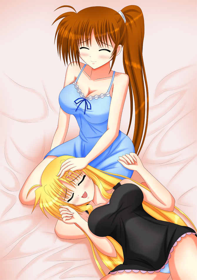 2girls, bed, blonde_hair, breasts, closed_eyes, couple, fate_testarossa, graphite_(medium), happy, lap_pillow, long_hair, lying, lyrical_nanoha, mahou_shoujo_lyrical_nanoha, mahou_shoujo_lyrical_nanoha_strikers, mahou_shoujo_lyrical_nanoha_vivid, multiple_girls, orange_hair, panties, raikkonen713, side_ponytail, simple_background, sitting, sleeping, sleeping_on_person, sleepwear, smile, takamachi_nanoha, traditional_media, underwear, very_long_hair, yuri