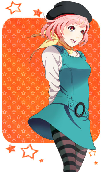 1girl, ascot, dress, female_focus, hat, neckerchief, original, pantyhose, pinafore_dress, puppe, sleeveless, sleeveless_dress, solo, striped_clothes, striped_pantyhose