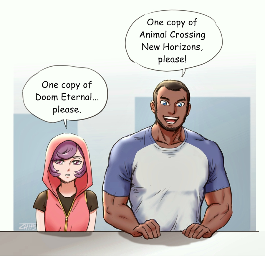 1boy, 1girl, alternate_costume, beard, black_hair, blue_eyes, chips_n_cookies, courtney_(pokemon), dark-skinned_male, dark_skin, english_text, facial_hair, half-closed_eyes, hand_on_table, hood, hood_up, hooded_vest, hoodie, looking_at_viewer, matt_(pokemon), muscular, nintendo, open_mouth, pokemon, pokemon_omega_ruby_and_alpha_sapphire, purple_eyes, purple_hair, shirt, short_hair, short_sleeves, simple_background, talking, teeth, tsurime, undershirt, upper_body, vest