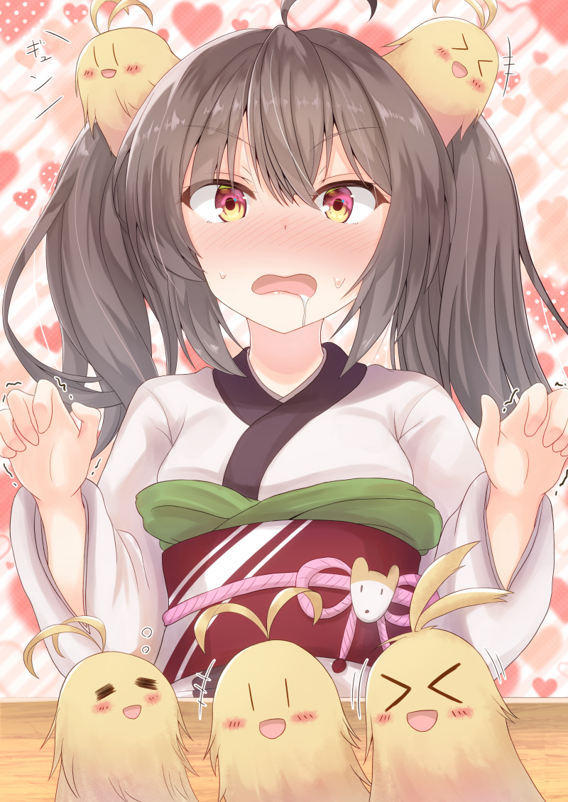 >_<, 1girl, :d, ahoge, antenna_hair, baby_animal, bird, blush