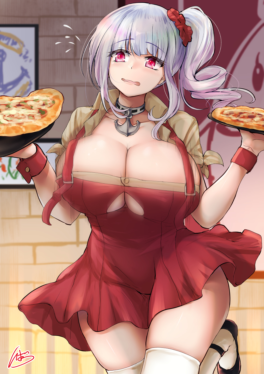 1girl, adapted_costume, anchor_choker, apron, azur_lane, beige_shirt, belfast_(azur_lane), belfast_(azur_lane)_(cosplay), belfast_(piping-hot_perfection)_(azur_lane), black_footwear, blunt_bangs, blush, bouncing_breasts, breasts, cleavage, clothing_cutout, collarbone, commentary_request, cosplay, cowboy_shot, dido_(azur_lane), drill_hair, flying_sweatdrops, food, hair_ornament, hair_scrunchie, hairband, high_heels, highres, holding, holding_tray, ibara_azuki, indoors, large_breasts, long_hair, looking_to_the_side, low_neckline, motion_blur, motion_lines, open_mouth, pink_eyes, pizza, poster_(object), purple_eyes, red_apron, red_scrunchie, scrunchie, short_sleeves, side_ponytail, sidelocks, signature, silver_hair, skindentation, solo, standing, standing_on_one_leg, thighhighs, tray, underboob, underboob_cutout, wavy_mouth, white_thighhighs, wrist_cuffs, zettai_ryouiki
