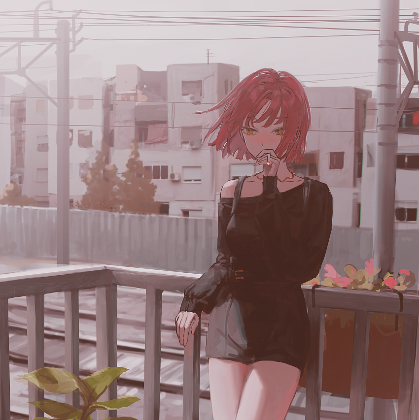 1girl, absurdres, balcony, belt, black_shorts, breasts, brown_hair, building