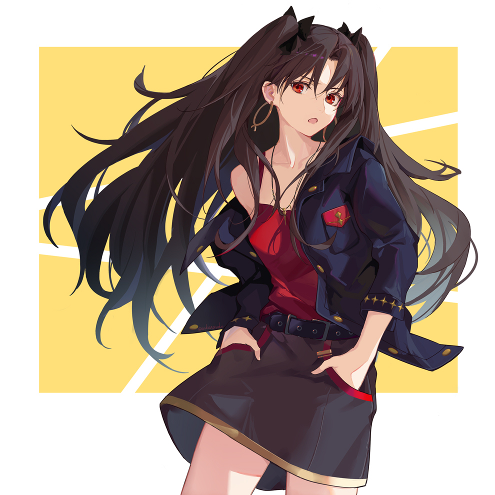 1girl, belt, black_ribbon, casual, duplicate, earrings, fate/grand_order, fate_(series), hair_ribbon, hands_in_pockets, ishtar_(fate), ishtar_(under_the_same_sky)_(fate), jewelry, long_hair, looking_at_viewer, open_mouth, red_eyes, ribbon, sakanasoko, skirt, solo, space