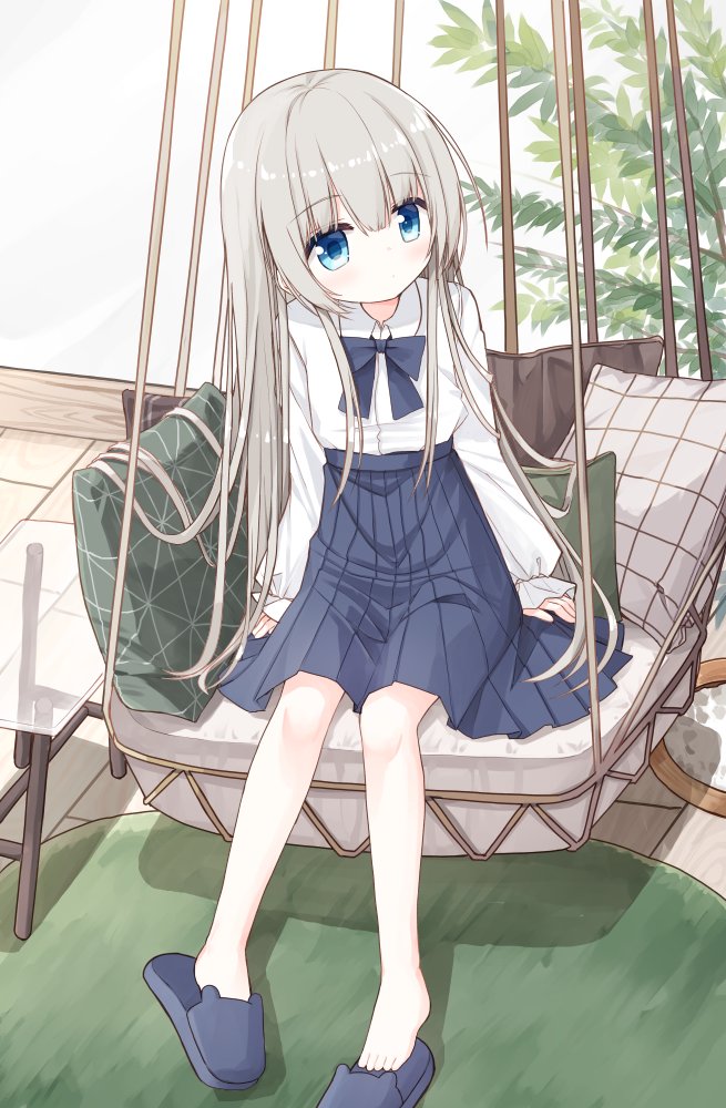 1girl, blue_bow, blue_eyes, blue_skirt, blue_slippers, blush, bow, closed_mouth