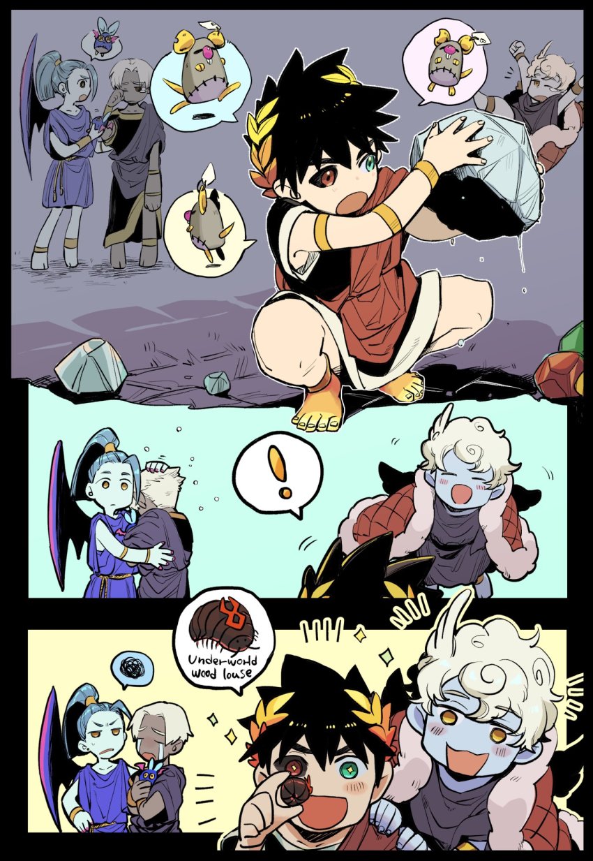 !, +_+, 1girl, 3boys, aged_down, ancient_greek_clothes, black_hair, black_sclera