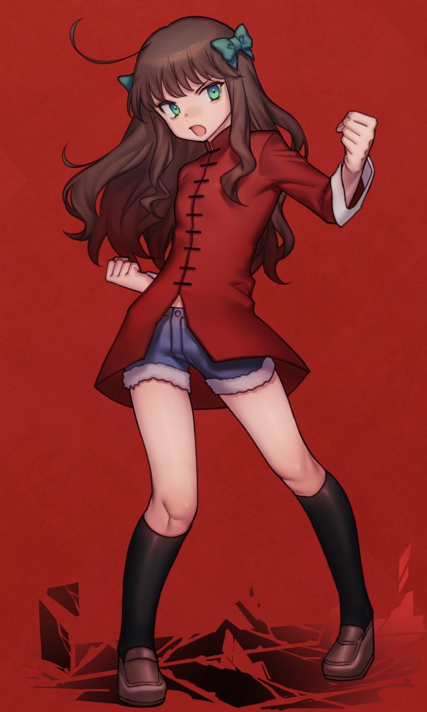 1girl, :o, ahoge, arima_miyako, bajiquan_(martial_arts), black_socks, bow, brown_hair, brown_shoes, chinese_clothes, clenched_hands, crack, cutoffs, denim, denim_shorts, full_body, green_bow, green_eyes, hair_bow, highres, kneehighs, loafers, long_hair, long_sleeves, looking_to_the_side, martial_arts, melty_blood, open_mouth, poisonsugar000, red_background, shoes, shorts, sidelocks, socks, solo, standing, tsukihime