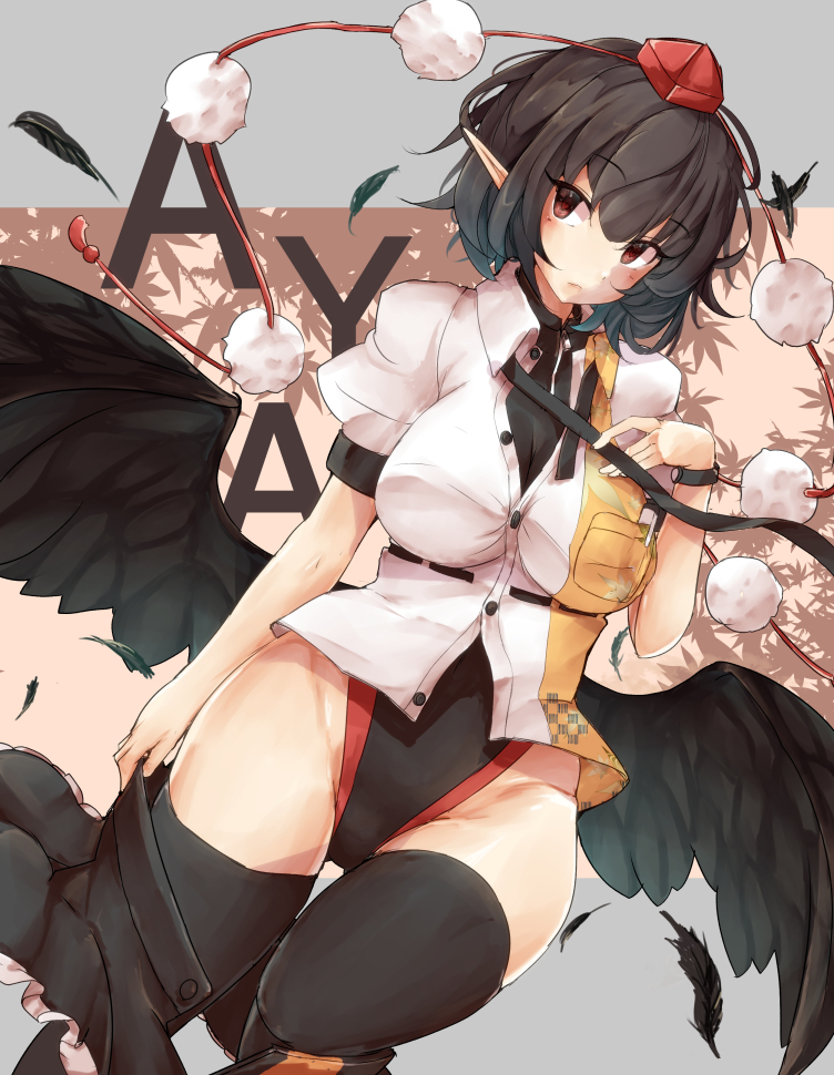1girl, black_hair, black_one-piece_swimsuit, black_skirt, black_thighhighs, black_wings, blush, breast_pocket