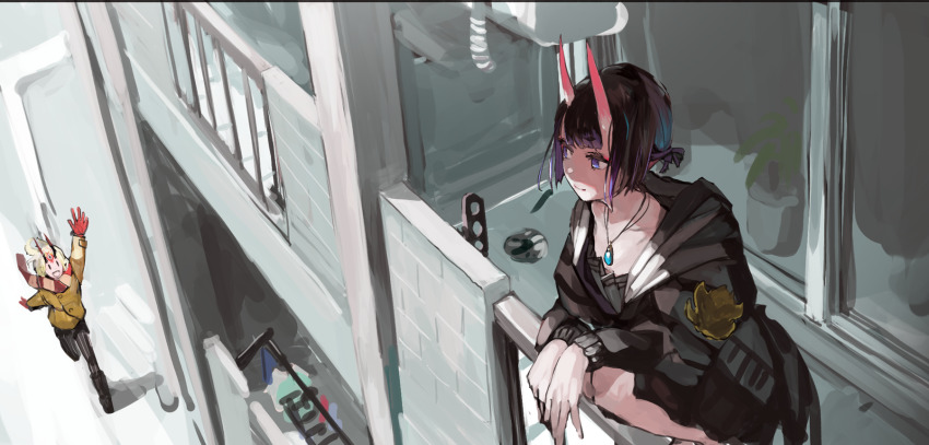 2girls, :d, alternate_costume, blonde_hair, boots, casual, coat, eyeliner, fate/grand_order, fate_(series), highres, hikimayu, horns, ibaraki_douji_(fate), jewelry, makeup, multiple_girls, necklace, oni, open_mouth, purple_eyes, purple_hair, scarf, short_hair, shuten_douji_(fate), shuten_douji_(onmyoji), smile, squatting, winter_clothes, winter_coat, yorurokujuu