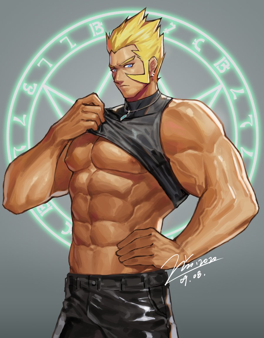 1boy, abs, bara, bare_pectorals, bare_shoulders, black_pants, black_shirt, blonde_hair