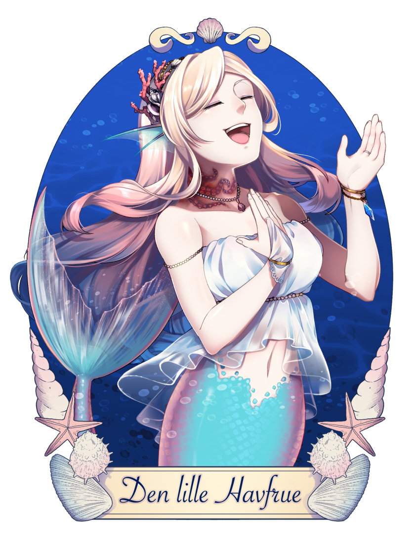 1girl, :d, andersen's_fairy_tales, bare_shoulders, blonde_hair, breasts, bridal_gauntlets, closed_eyes