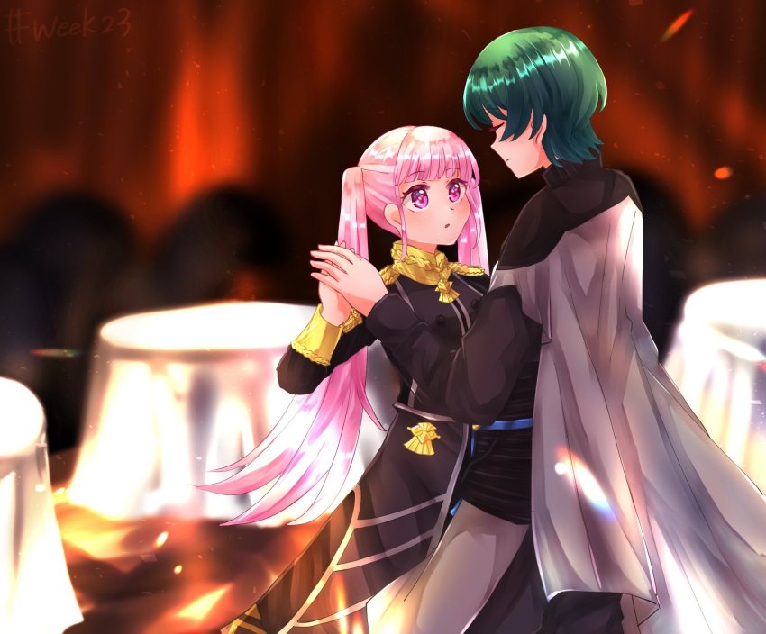 1boy, 1girl, adapted_costume, armor, black_dress, male_byleth_(fire_emblem), cape, closed_eyes