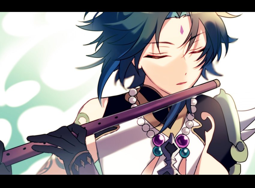 1boy, arm_tattoo, armor, asymmetrical_sleeves, bead_necklace, beads, black_gloves, blue_hair, commentary_request, closed_eyes, facial_mark, flute, genshin_impact, gloves, green_hair, holding, holding_instrument, instrument, jewelry, kouzuki_(kuzk_0512), letterboxed, male_focus, multicolored_hair, music, necklace, parted_lips, playing_instrument, short_hair, shoulder_armor, sidelocks, simple_background, solo, tattoo, two-tone_hair, uneven_sleeves, upper_body, white_background, xiao_(genshin_impact)