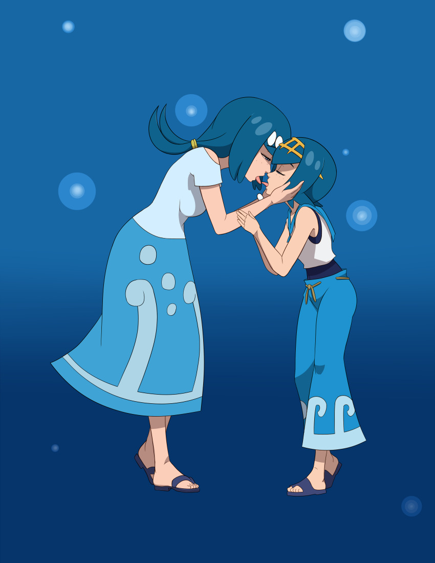 2girls, absurdres, age_difference, blue_eyes, blue_hair, commission, commissioner_upload, french_kiss
