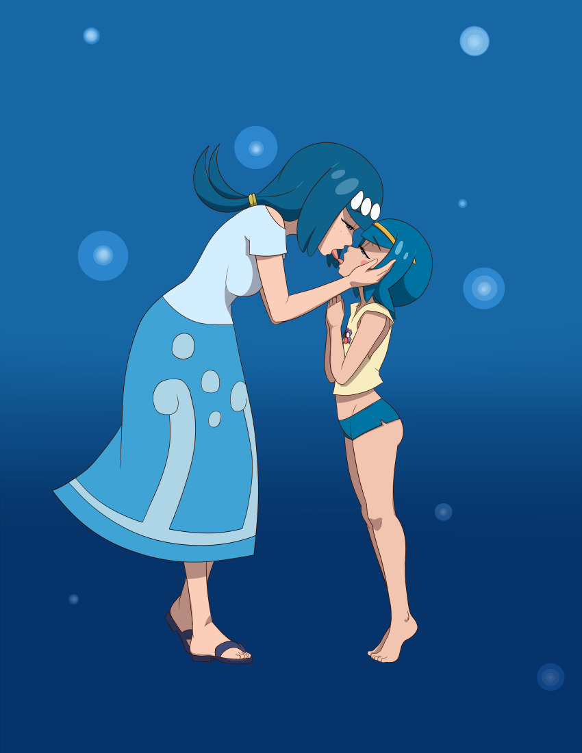 2girls, absurdres, age_difference, blue_eyes, blue_hair, commission, commissioner_upload, french_kiss