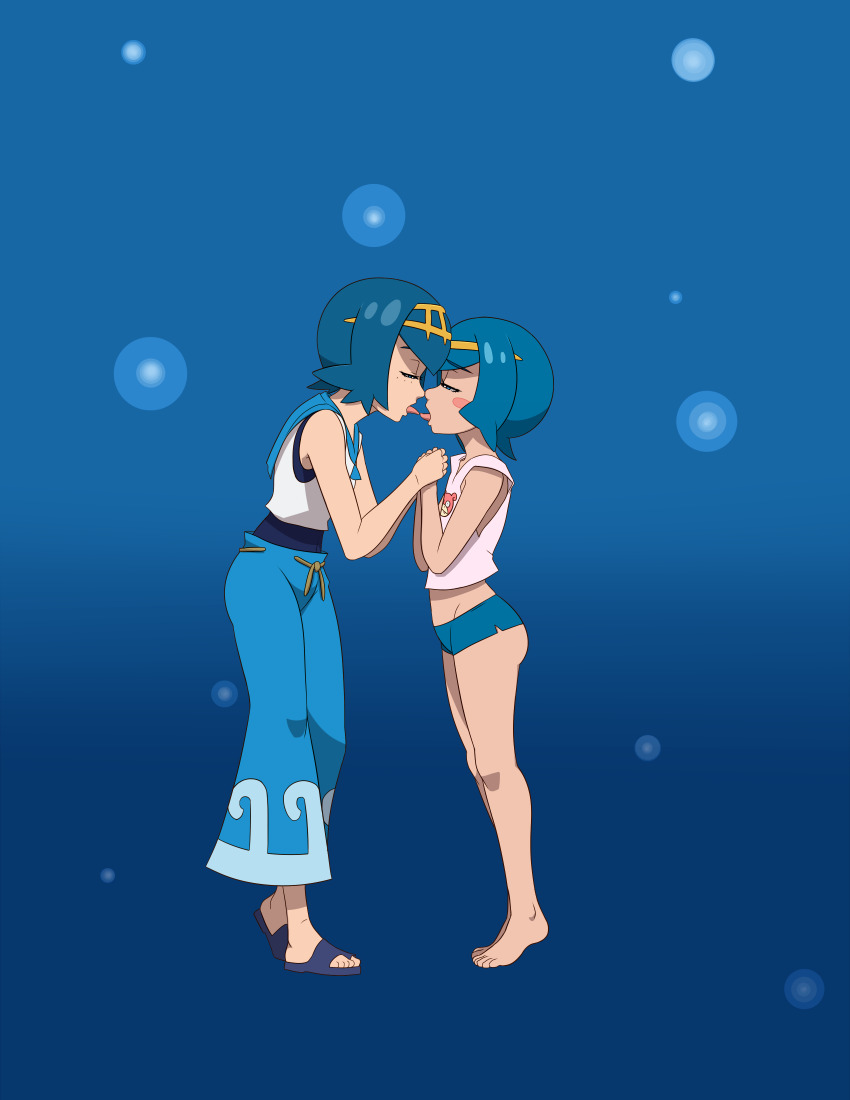 2girls, absurdres, age_difference, blue_eyes, blue_hair, commission, commissioner_upload, french_kiss