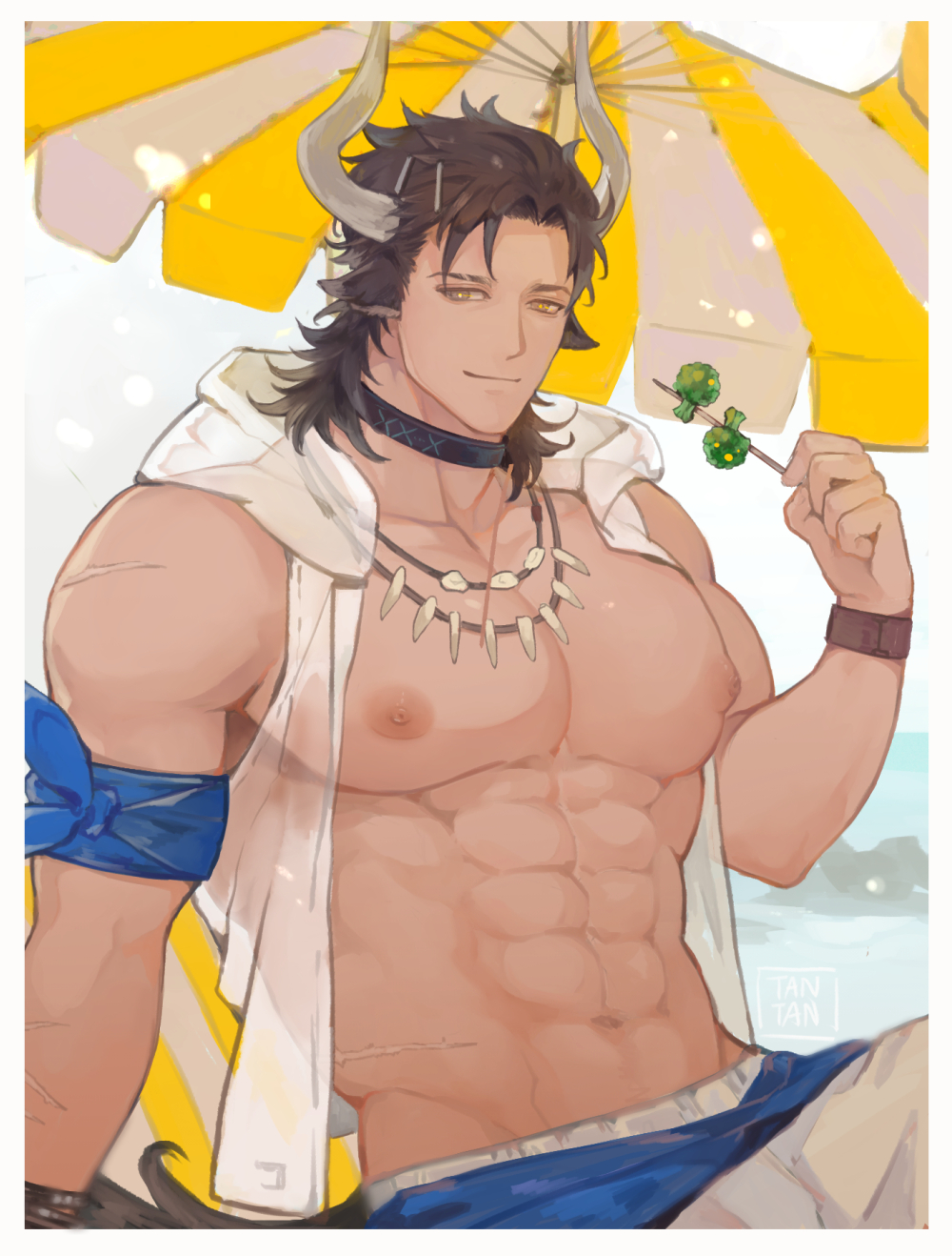 1boy, abs, animal_ears, arknights, bandana, bare_pectorals, broccoli, brown_eyes