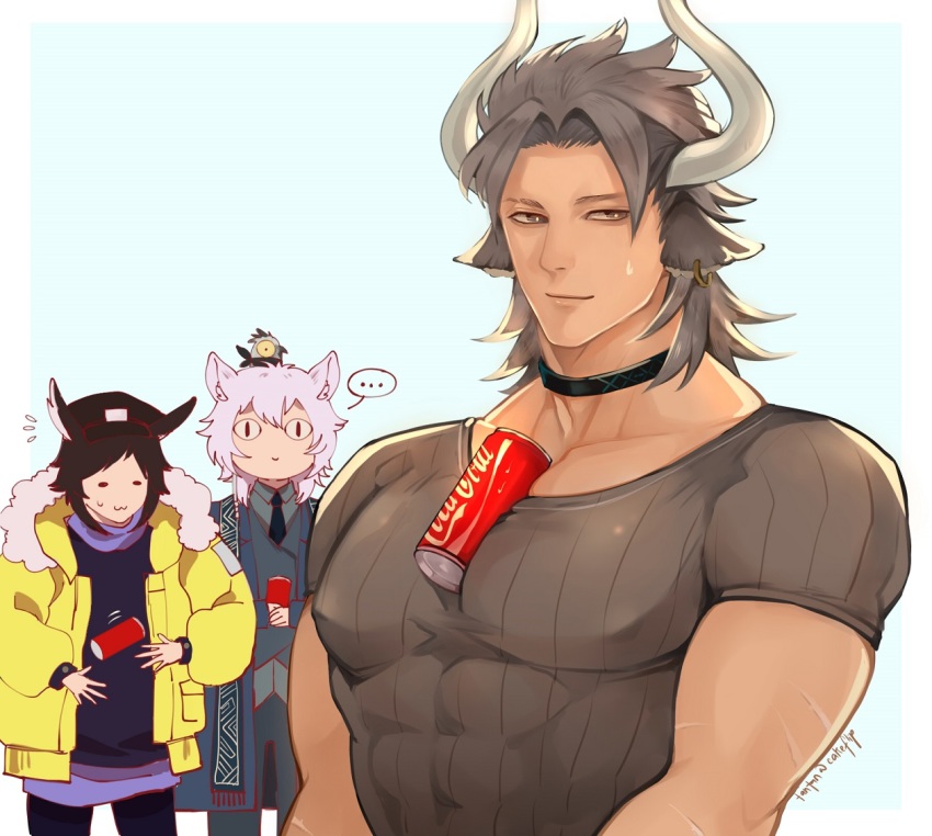 3boys, animal, animal_ears, animal_on_head, arknights, between_pectorals, bird, bird_on_head