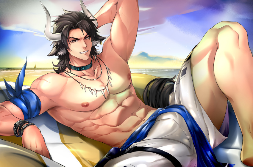 1boy, abs, animal_ears, arknights, arm_behind_head, armpit_peek, bare_pectorals, beach