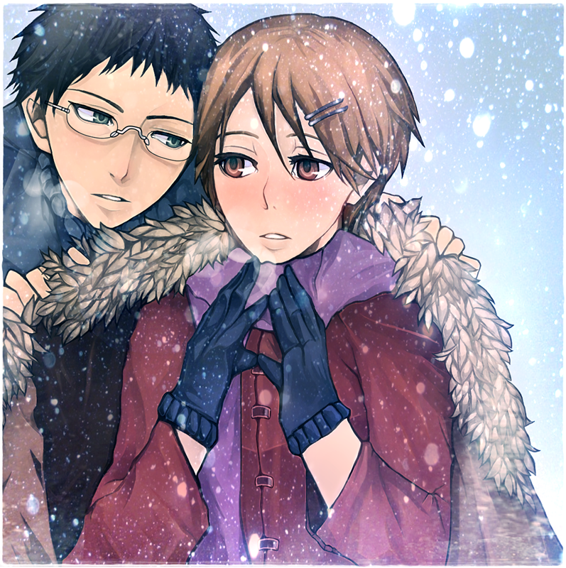 1boy, 1girl, aida_riko, brown_hair, couple, dessa-nya, glasses, gloves