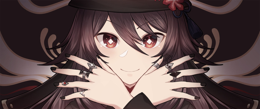 1girl, black_headwear, black_nails, brown_hair, genshin_impact, highres, hu_tao_(genshin_impact), jewelry, long_sleeves, nail_polish, portrait, red_eyes, ring, rktsm, smile, solo, thumb_ring