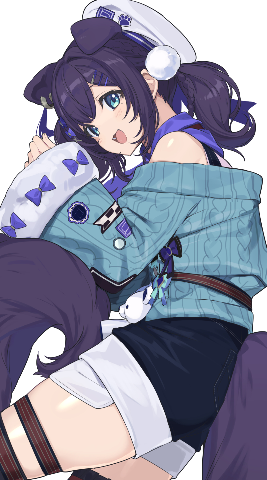 1girl, :d, absurdres, aiba_uiha, aiba_uiha_(2nd_costume), animal_ears, aqua_eyes, black_hair, black_shorts, blue_bow, blue_neckwear, blue_sweater, blush, bow, braid, dog_ears, dog_tail, fang, feet_out_of_frame, fur_trim, fuubuu, hair_ornament, hairpin, hat, highres, looking_at_viewer, lying, nijisanji, off-shoulder_sweater, off_shoulder, on_side, one_side_up, open_mouth, pom_pom_(clothes), sailor_hat, shorts, sidelocks, simple_background, smile, solo, sweater, tail, thighs, virtual_youtuber, white_background, white_hat, wide_sleeves