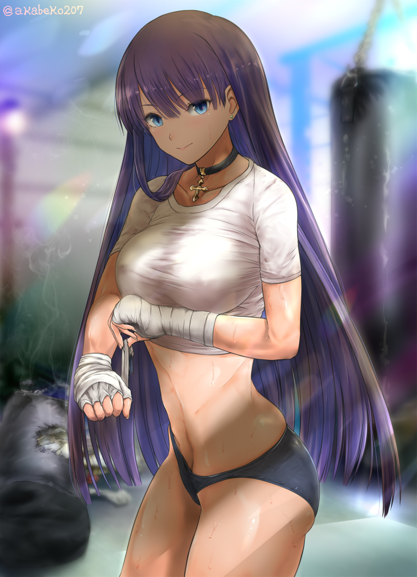 1girl, akabeko_boxing, bandaged_hand, bandages, black_panties, blue_eyes, blush, breasts