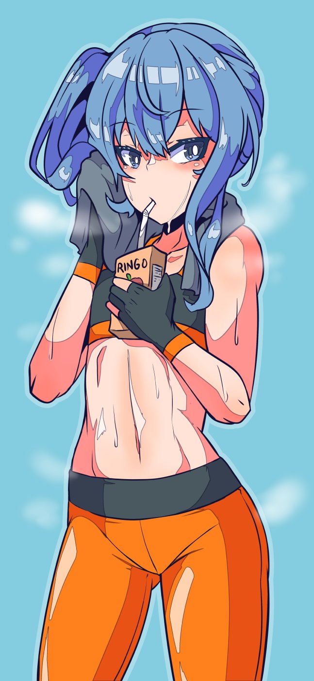 1girl, adapted_costume, aikohgin, apple_juice, black_gloves, blue_background, blue_eyes, blue_hair, cowboy_shot, crop_top, drink_carton, drinking_straw, drying, exercising, flat_chest, gloves, highres, hololive, hoshimachi_suisei, hoshimachi_suisei_(casual), juice, juice_box, long_hair, looking_at_viewer, pants, partially_fingerless_gloves, side_ponytail, sidelocks, solo, steam, sweat, towel, towel_around_neck, tsurime, virtual_youtuber, wavy_hair, yoga_pants