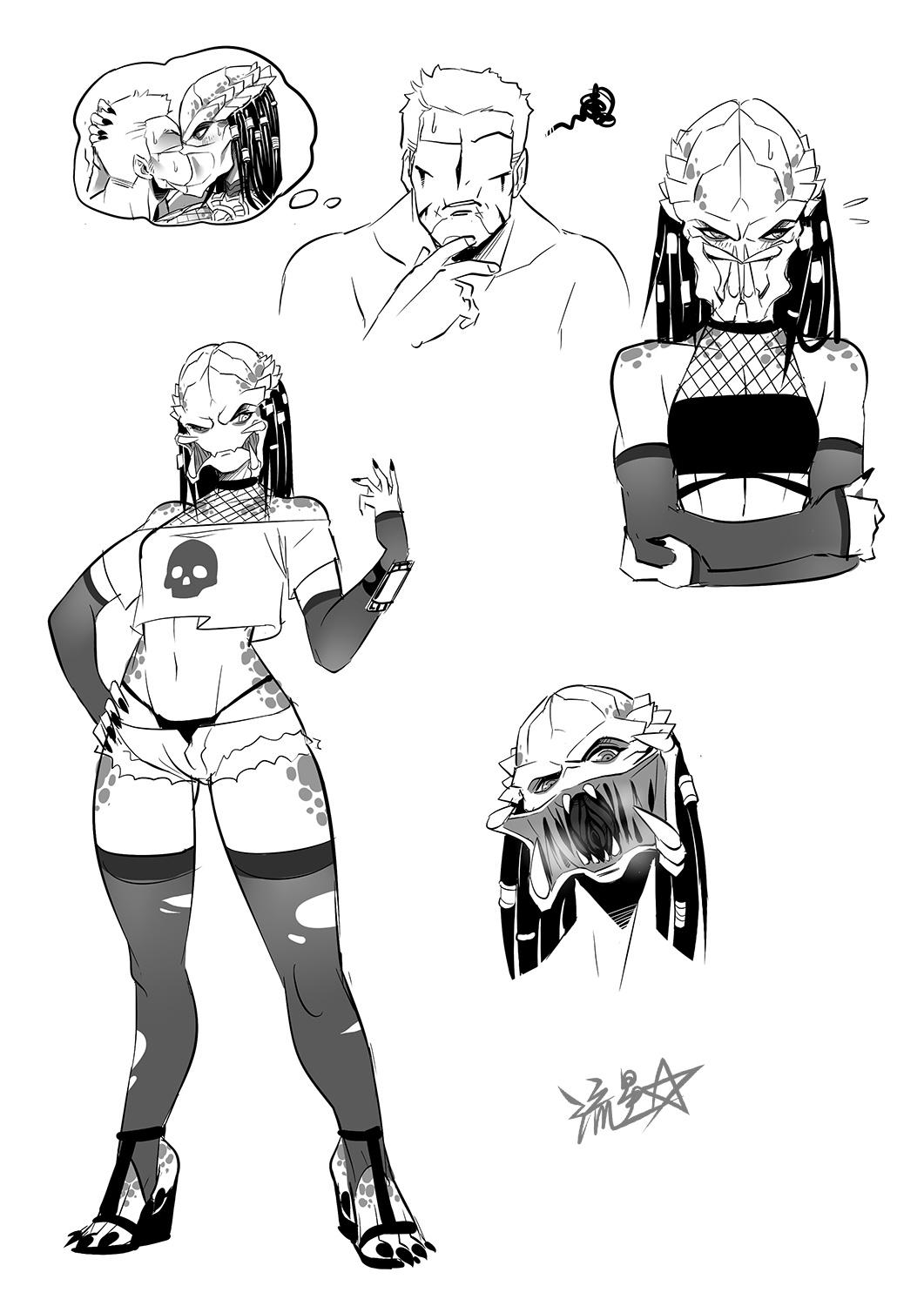 1boy, 1girl, alien, arm_warmers, bifurcated_jaw, bleeding, blood, blush